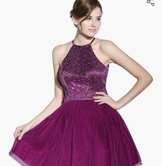 Purple Sequined/Beaded Halter Dress w/Full Skirt Size 8 - Picture 1 of 12